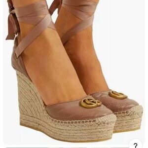 SOLD….SOLD……GUCCI SHOES PILAR LEATHER MARMONT GG PLATFORM WEDGES SIZE 40